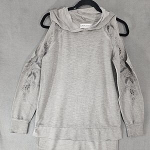 Knox Rose Womens Small Cold Shoulder Long Sleeve Shirt Gray Floral Embroidery